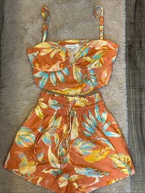 Emory Park Orange Tropical Two-Piece Crop Top and Shorts Set